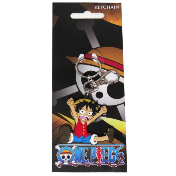 One Piece Luffy PVC keychain sealed inside its official branded carded packaging, front view.