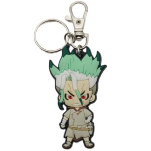 Dr. Stone PVC keychain features a lobster claw clasp and keyring.