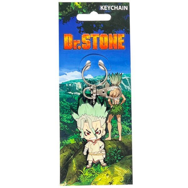 Dr. Stone anime SD Ishigami Senku PVC keychain sealed inside its official branded carded packaging.
