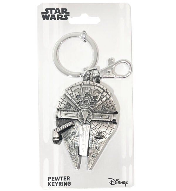 Star Wars: Millennium Falcon Pewter Key Ring Keychain Millennium Falcon Keychain sealed inside its official branded carded packaging.