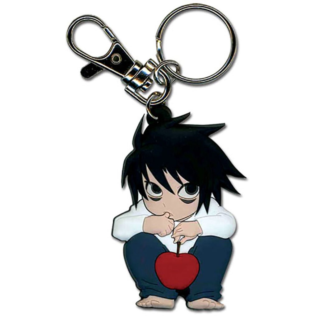 Death Note L PVC keychain features a lobster claw clasp and keyring.