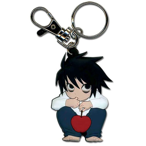 Death Note L PVC keychain features a lobster claw clasp and keyring.